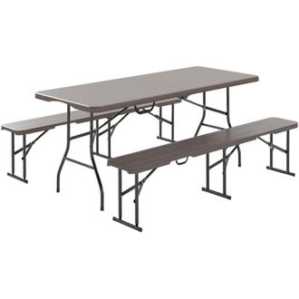 OUTSUNNY Conjunto De Camping Plegable De 3 Piezas Mesa Plegable Camping Con Bancos Incluye 1 Mesa 180x74x74 Cm Y 2 Bancos Efecto Madera Impermeable - Outsunny