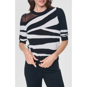 DKNY Zebra Stripe Three-Quarter Sleeve Sweater in Black/ivory at Nordstrom, Size X-Small