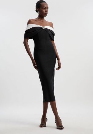 Karen Millen Womens Petite Taffeta Bardot Figure Form Maxi Dress - Monochrome Multi - Size X-Small