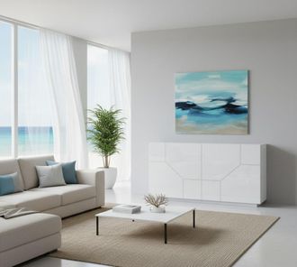 Dmora Aparador Moderno Con 4 Puertas Geom&eacute;tricas, Made In Italy, Aparador De Entrada, Buffet De Dise&ntilde;o De Sal&oacute;n, Cm 200x43h86, Blanco Brillante, Con Embalaj