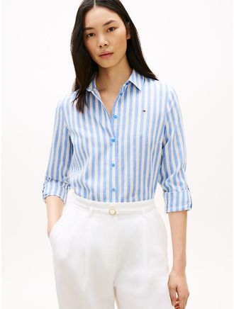 Tommy Hilfiger Womens Relaxed Fit Stripe Linen-Blend Shirt - Blue - XXL