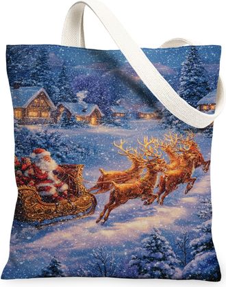 Generic Christmas Reindeer Canvas Tote Bags, Vintage Snow Scene Design Lightweight Washable Shoulder Strap Shopping Bags for Holida, Blue, 13x15 Inch