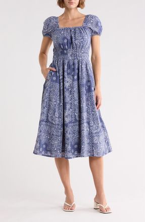 Melrose and Market Puff Sleeve Midi Dress in Blue- White Bandana City at Nordstrom Rack, Size X-Small
