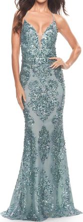 La Femme Patterned Sequin Plunging Prom Gown In Sea Mist