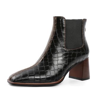 elashe Ankle Boots for Women, Womens Blcak Heeled Ankle Bootie with a 6 cm (2.4 Inches) Chunky, Block,Chelsea Boots with Stacked Heel, Square Toe, Side Elast