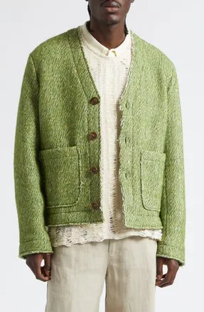 S&eacute;fr Pavel Fray Edge Cotton & Virgin Wool Cardigan in Eruca Green Twill at Nordstrom, Size Large