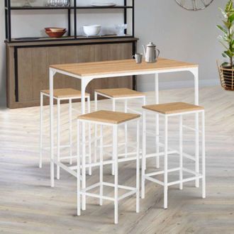 IDMarket DETROIT Tavolo da bar alto 100 cm e 4 sgabelli, legno e metallo bianco, design industriale
