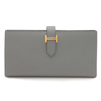 Herm&egrave;s Light Gray Leather Long Wallet (Bi-Fold) (Pre-Owned)