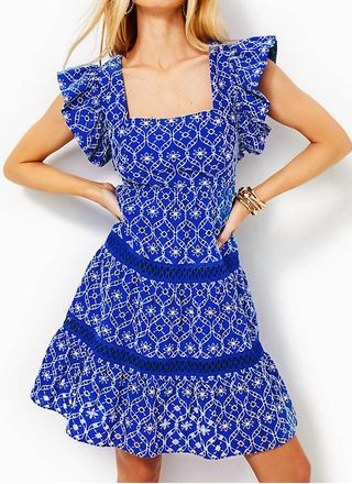 Lilly Pulitzer Morrie Ruffle Sleeve Eyelet Dress In Blue Grotto Flutter Eyelet