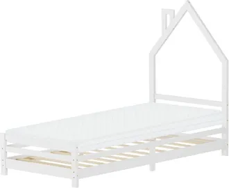 ML Design Ml-design - Cama Infantil Blanca 90 X 200 Cm En Forma De Casa Con Colch&oacute;n 10 Cm, Cuna Individual De Madera De Pino Con Somier De L&aacute;minas Y Dise&ntilde;o De C