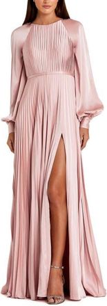 Mac Duggal Pleated High Neck Raglan Long Sleeve Side Slit Gown in Blush at Nordstrom, Size 10