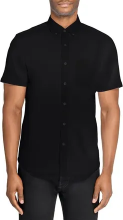 W.R.K Hudson Reworked Slim Fit Solid Short Sleeve Cotton Button-Up Shirt in Black at Nordstrom, Size Xx-Large