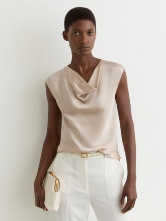 Reiss Champagne Neutral Silk Cowl-neck Sleeveless Top, 16
