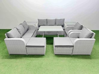 Fimous Rattan High Back Lounge Sofa Set with Reclining Chairs 2 Big Stools in Light Grey