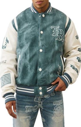 True Religion Retro Varsity Denim & Faux Leather Jacket in Denim /Winter White at Nordstrom, Size Xx-Large