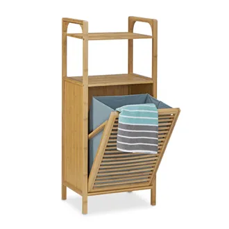 Relaxdays Mobiletto Con Portabiancheria, Bamb&ugrave;, 95x40x30 Cm, 2 Ripiani, Da Bagno, Cesta Pieghevole, 25 L, Legno Naturale - Relaxdays