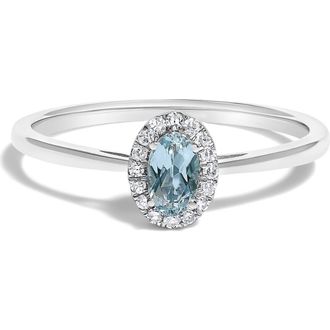 House of Brilliance 10K White Gold Oval and Diamond Accent Halo Birthstone Ring in Blue Aquamarine at Nordstrom, Size 6.5