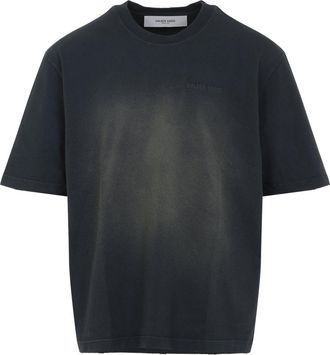 Golden Goose Bleached Washed Black Cotton T-Shirt With Embroidery-Uomo