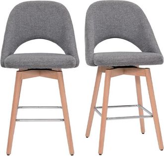 Miliboo Miliboo - Set De 2 Taburetes De Cocina N&oacute;rdicos De Tela Efecto Aterciopelado Texturizado Gris Y Madera De Caucho Maciza 65 Cm Cosette