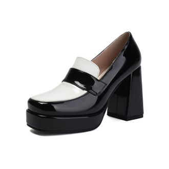 Generic Womens Patent Leather Platform Loafers Slip on Casual Shoes Chunky High Heel Office Dress Shoes,Black,4.5 UK