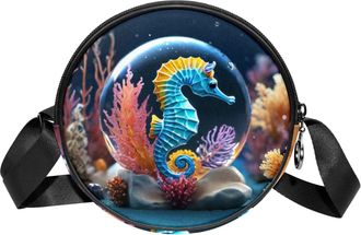 Generic Circle Crossbody Bag for Women, Seahorse Crystal Ball Small Sling Bag Daypack with Zipper Adjustable Shoulder Straps Casual Ladies Girls Round Purse