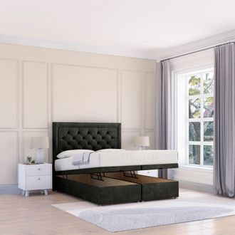 Sloomy Montana Dumfries Fabric Ottoman Bed End Opening With Sprung Memory Mattress & 26 Inch strut Headboard in Black | Size: Small Double
