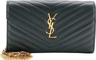 Saint Laurent Green Matelasse Chevron Leather Classic Monogram Wallet On Chain Medium (Authentic Pre-Loved)