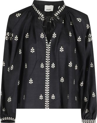 Isabel Marant Black Rodis GB Embroidered Deep V-Neck Silk Blouse