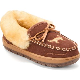 Dearfoams Fireside Gladstone Genuine Shearling Moccasin with Stitching in Potting Soil at Nordstrom, Size 10