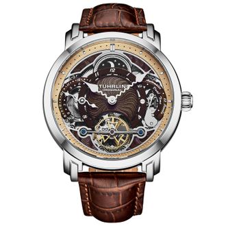 Stührling Mens Celestial Timekeeper 1017 Dual Time Automatic Skeleton Watch - Brown - One Size
