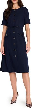 Tahari by ASL Belted Metallic Bouclé Dress in Navy at Nordstrom, Size 10P