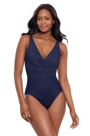 Miraclesuit Midnight Blue Illusionists Crossover with Mesh One Piece Swimsuit | Shapewear Slimming Swimming Costume, Size 18