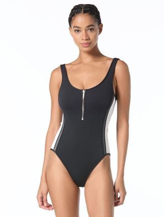 Michael Kors Signature Scuba Zip Front One-Piece Swimsuit in Black at Nordstrom, Size 14