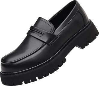 Generic Platform Slip On Loafers for Teen Boys Men Fashion All Season Casual Leather Thick Sole Height Increasing Easy On Shoes(11.5) Black