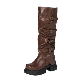 Generic Womens Gothic Knee High Boots Round Toe High Chunky Heel Platform With Slip On Design And Multiple Buckle Straps