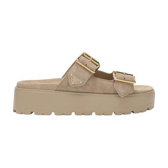 Prada Sliders, female, Beige, Size: 8 1/2 US Suede Strap Slides