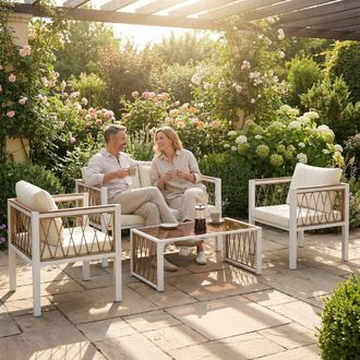 OUTSUNNY 4 Seater Rattan Garden Furniture Set with Metal Frame, Cream White