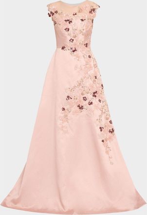 Teri Jon Sequin Floral-Embroidered Jacquard Gown