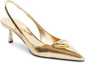 Prada Modellerie Pointed Toe Metallic Kitten Heel Slingback Pump in Platino at Nordstrom, Size 10.5Us