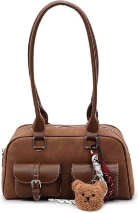 Generic PU Leather Handbag Retro Shoulder Bag with Pendant Stylish Underarm Bag (Black)