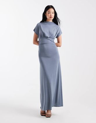 Asos Vestito lungo grigio blu con scollo a imbuto stretto in vita