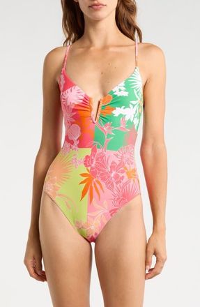 Sanctuary V-Wire One-Piece Swimsuit in Green/Pink Multi at Nordstrom, Size X-Small