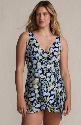 Lands End Side Tie Mini Swim Dress Swimsuit in Deep Sea Navy Poetic Floral at Nordstrom, Size 10