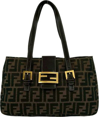 Fendi Black Brown Khaki Leather Canvas Handbag Tote Bag (Pre-Owned)