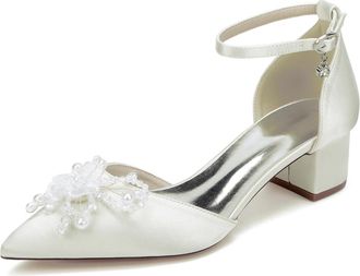 Generic Women Bridal Chunky Heels Dress Shoes Low Heels Wedding Ankle Strap Evening Pumps 4.5Cm,Ivory,10 UK