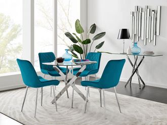 Furniturebox Novara Clear Tempered Glass 100cm Round Dining Table with Chrome Starburst Legs & 4 Pesaro Velvet Silver Leg Chairs in Blue