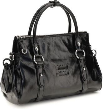 Miu Miu Womens Embossed Logo Calf Leather Top Handle Bag Black Bos
