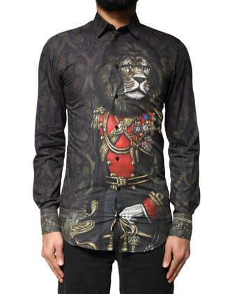 Dolce & Gabbana Mens Black Royal Pet Portrait Gold Dress Shirt Cotton
