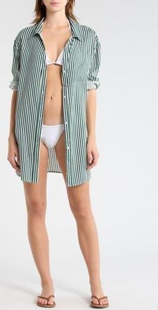 Nordstrom Rack Printed Flowy Long Sleeve Tunic in Green Botanical Stripe at Nordstrom Rack, Size X-Large