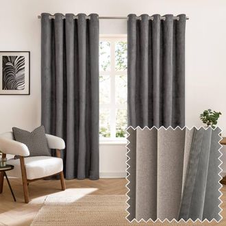 furn. Verso Suede-Look 100% Blackout Eyelet Curtain Pair in Charcoal | Size: 183 cm width x 229 cm drop